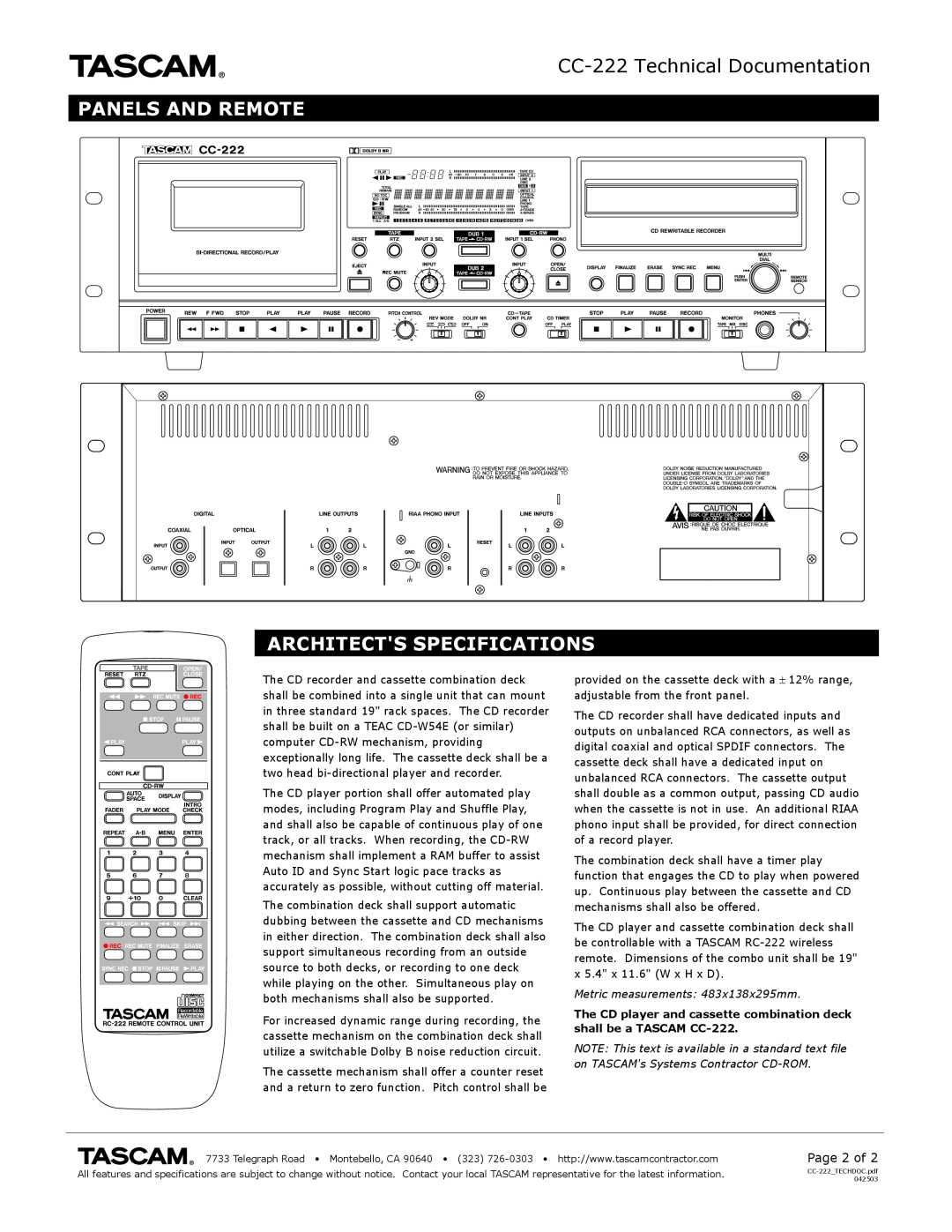 Tascam specifications CC-222Technical Documentation, Panels And Remote Architects Specifications, Page 2 of 
