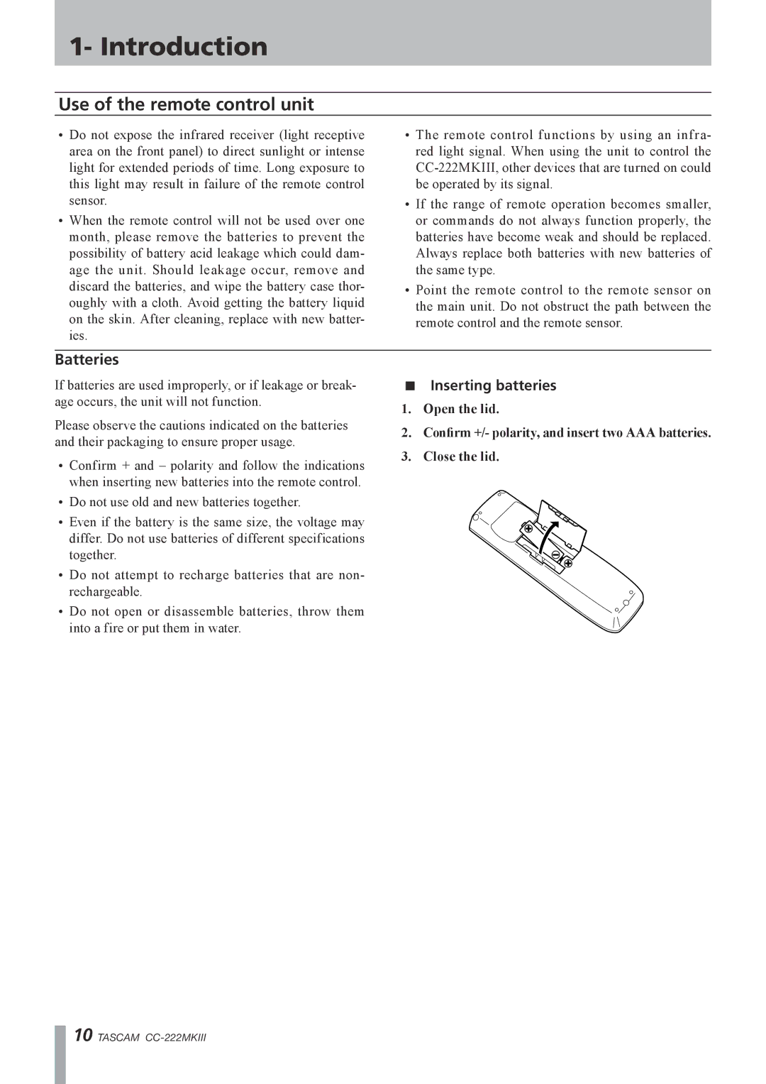 Tascam CC-222MK owner manual Use of the remote control unit, Batteries 