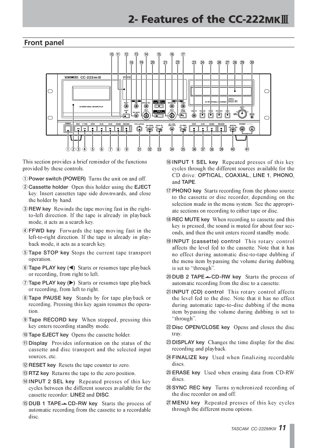 Tascam owner manual Features of the CC-222MK$, Front panel 