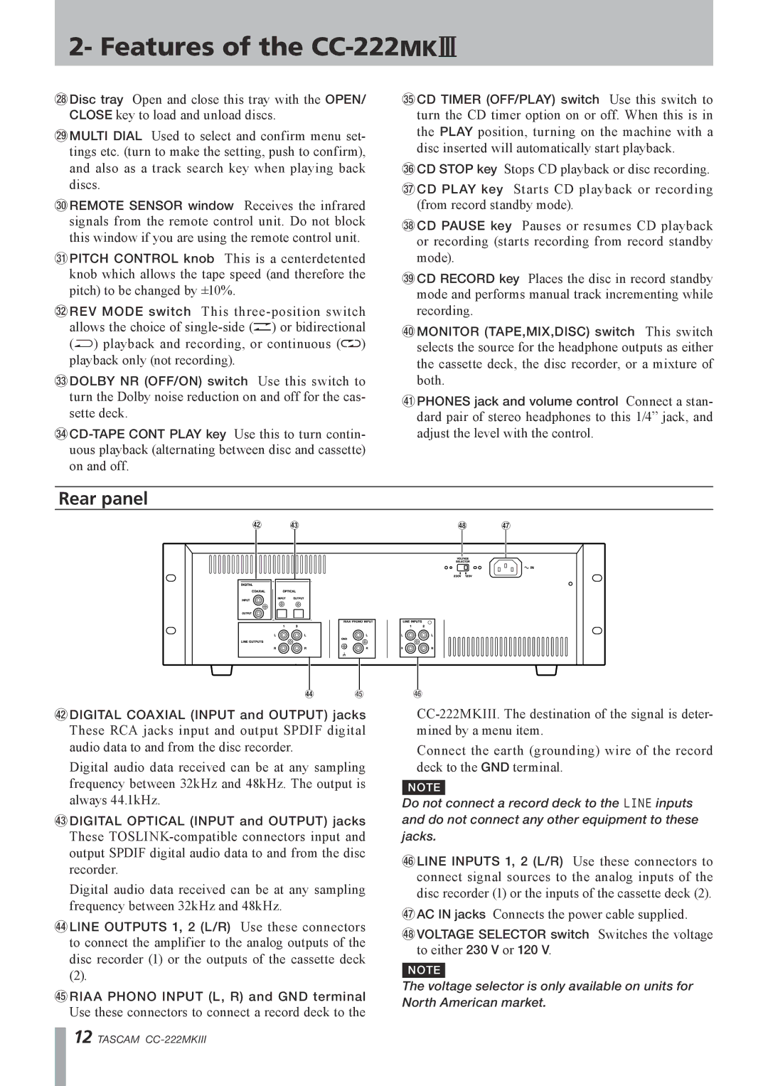 Tascam CC-222MK owner manual Rear panel 