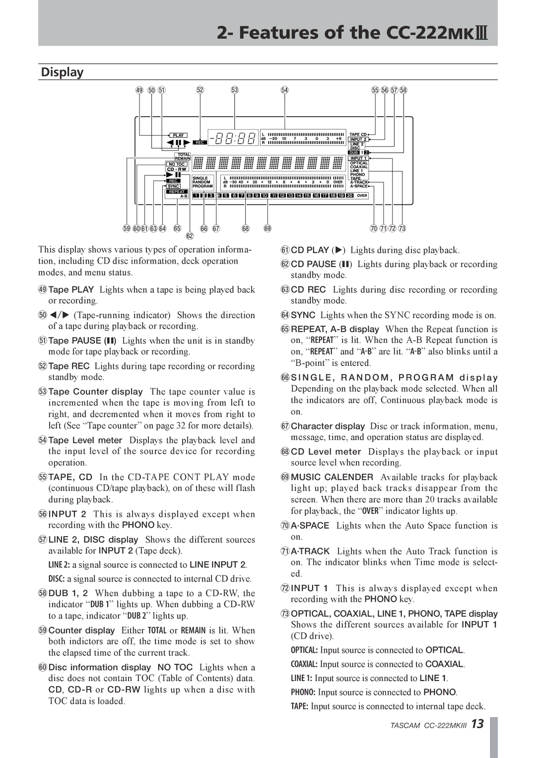 Tascam CC-222MK owner manual Display 