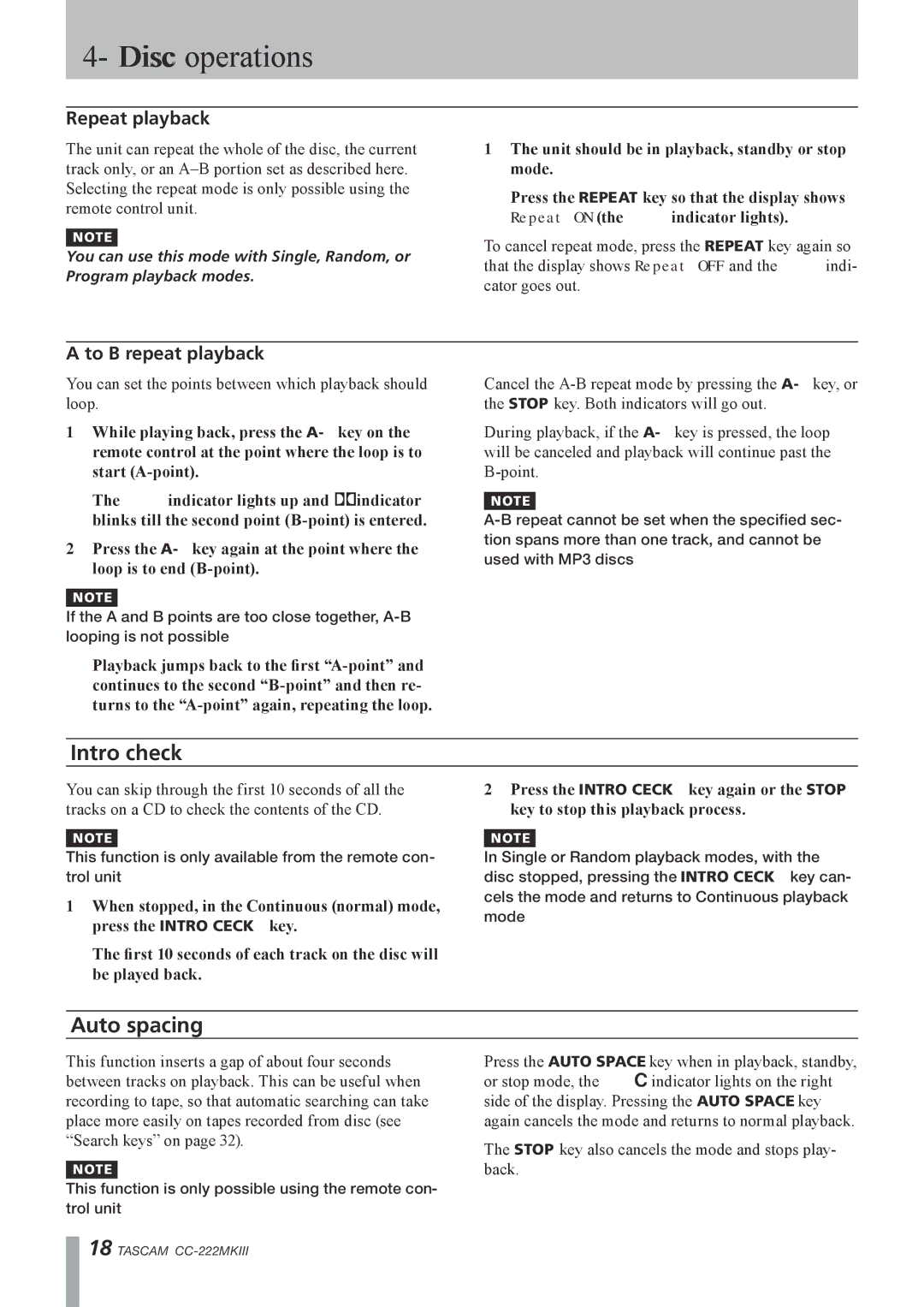 Tascam CC-222MK owner manual Intro check, Auto spacing, Repeat playback, To B repeat playback 