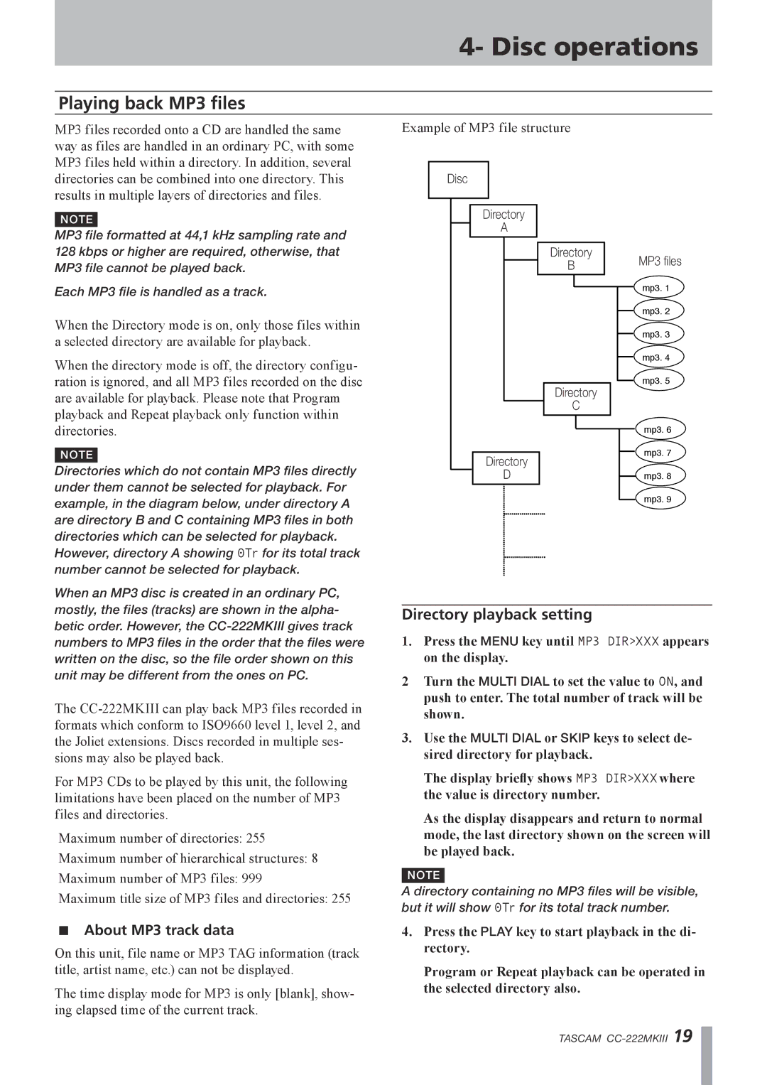 Tascam CC-222MK owner manual Playing back MP3 files, Directory playback setting 