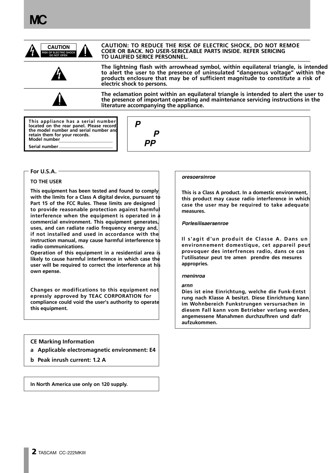 Tascam CC-222MK owner manual Important Safety Precautions 