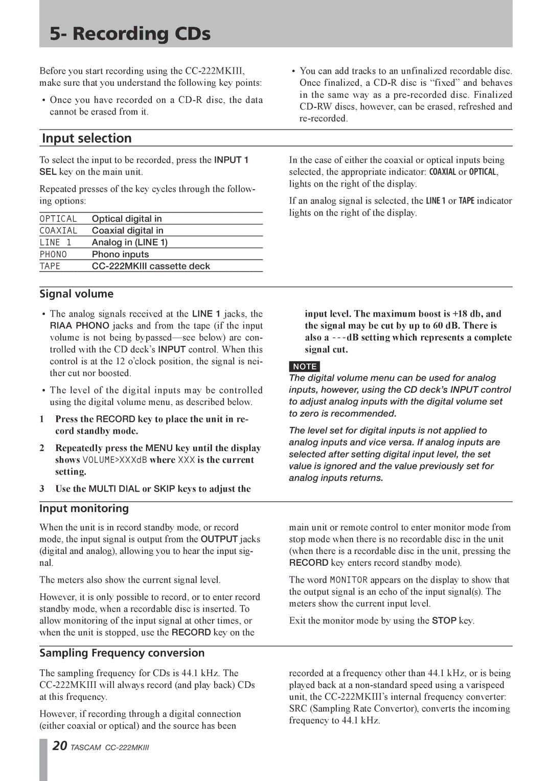 Tascam CC-222MK owner manual Recording CDs, Input selection, Signal volume, Input monitoring, Sampling Frequency conversion 