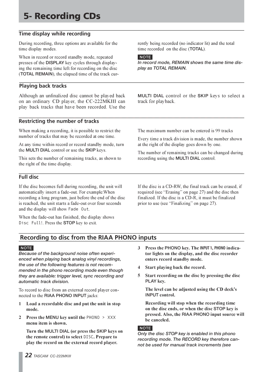 Tascam CC-222MK Recording to disc from the Riaa Phono inputs, Time display while recording, Playing back tracks, Full disc 