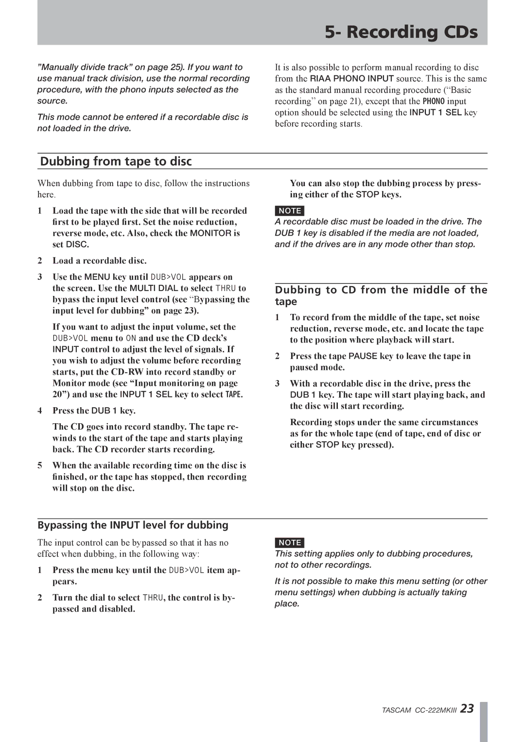 Tascam CC-222MK owner manual Dubbing from tape to disc, Dubbing to CD from the middle of the tape 