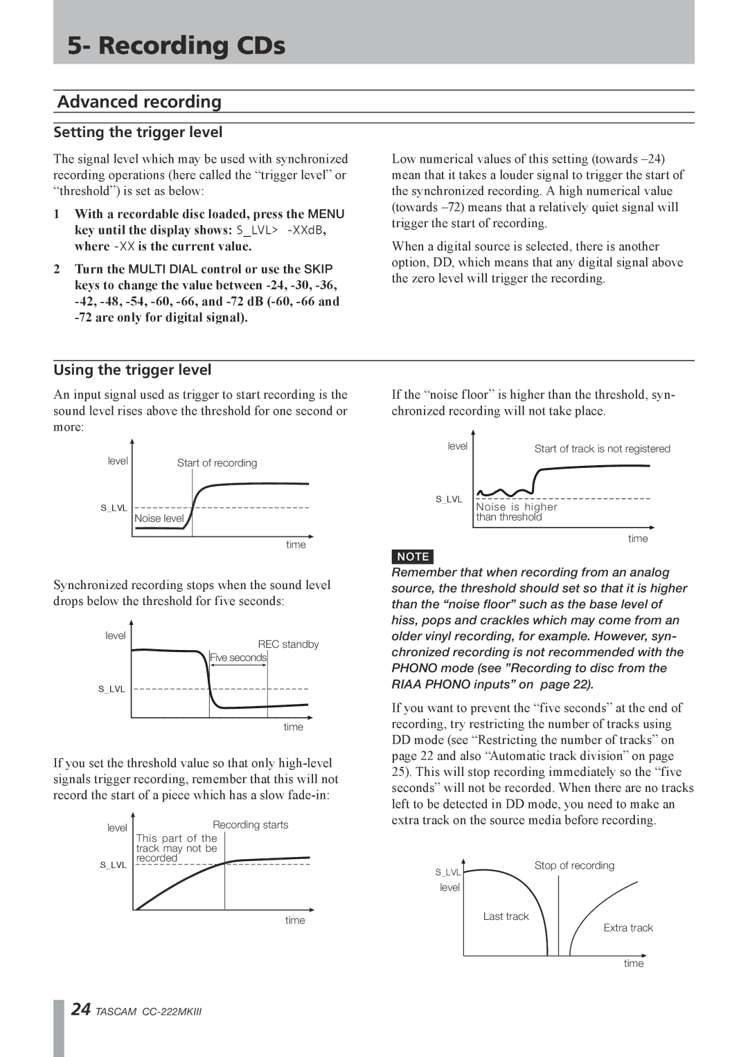 Tascam CC-222MK owner manual Advanced recording, Setting the trigger level, Using the trigger level 