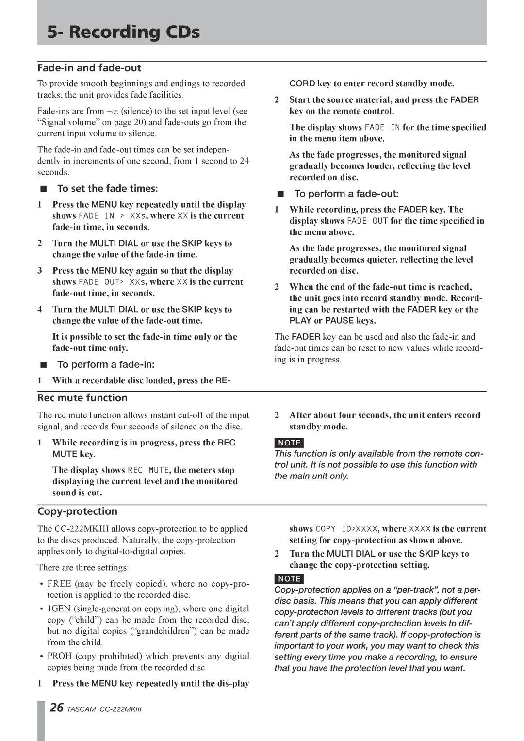 Tascam CC-222MK owner manual Fade-in and fade-out, Rec mute function, Copy-protection 