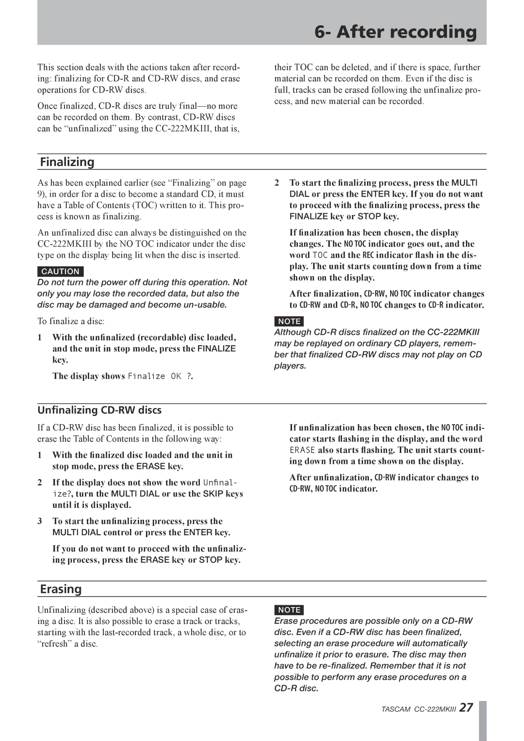 Tascam CC-222MK owner manual After recording, Erasing, Unfinalizing CD-RW discs 