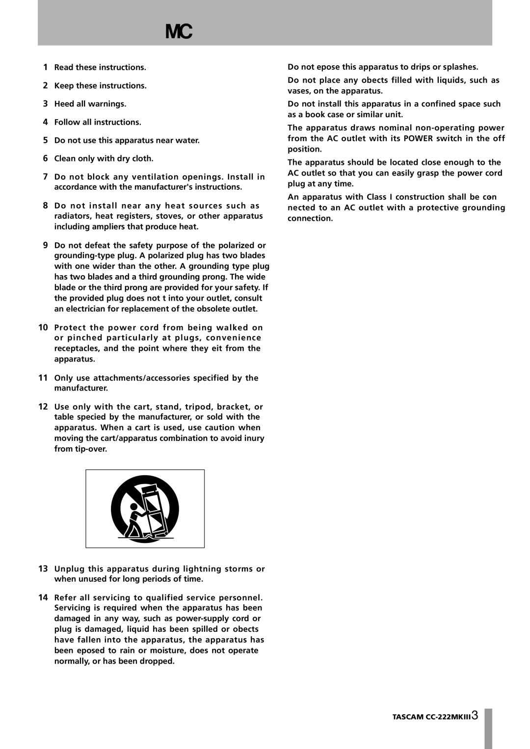 Tascam CC-222MK owner manual Important Safety Instructions 