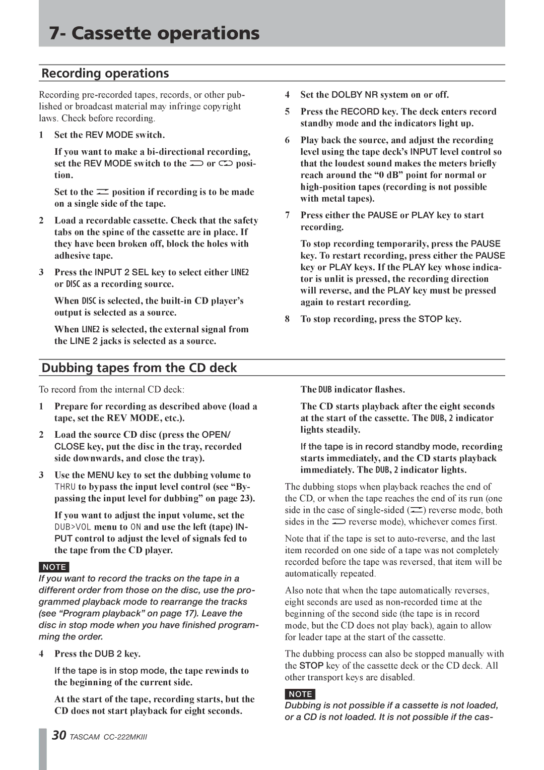 Tascam CC-222MK owner manual Recording operations, Dubbing tapes from the CD deck 