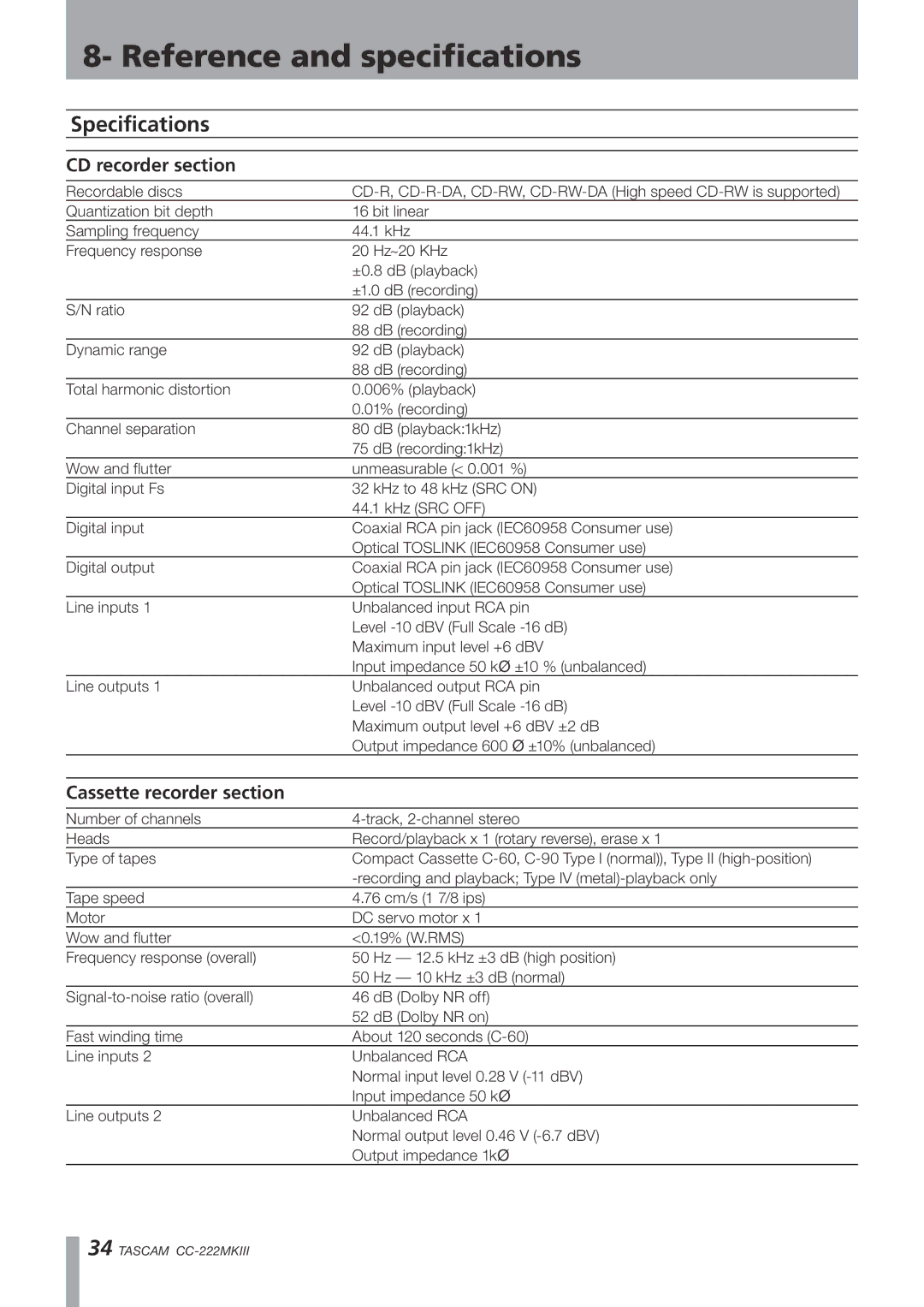 Tascam CC-222MK owner manual Specifications, CD recorder section, Cassette recorder section 