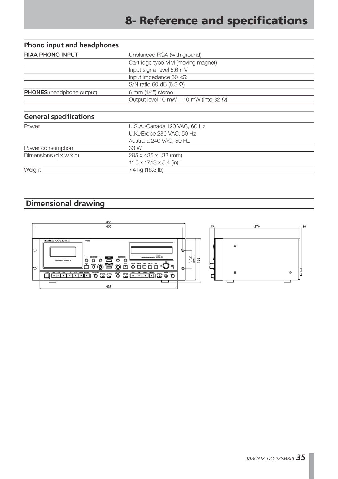 Tascam CC-222MK owner manual Dimensional drawing, Phono input and headphones, General specifications 