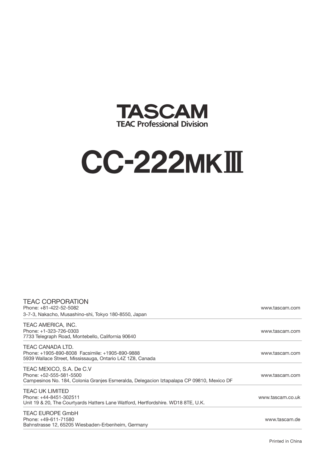 Tascam owner manual CC-222MK$ 