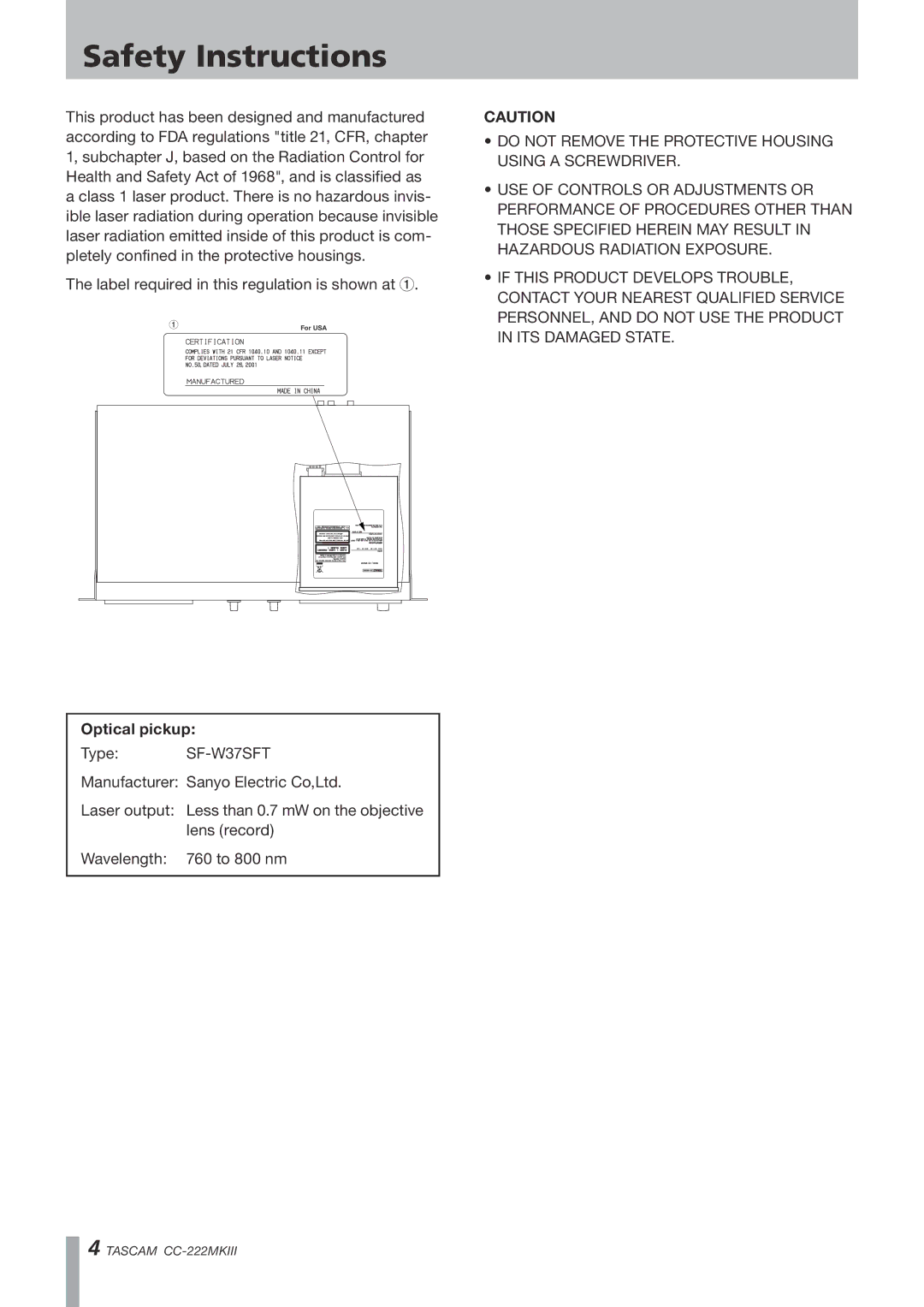 Tascam CC-222MK owner manual Safety Instructions, Optical pickup 