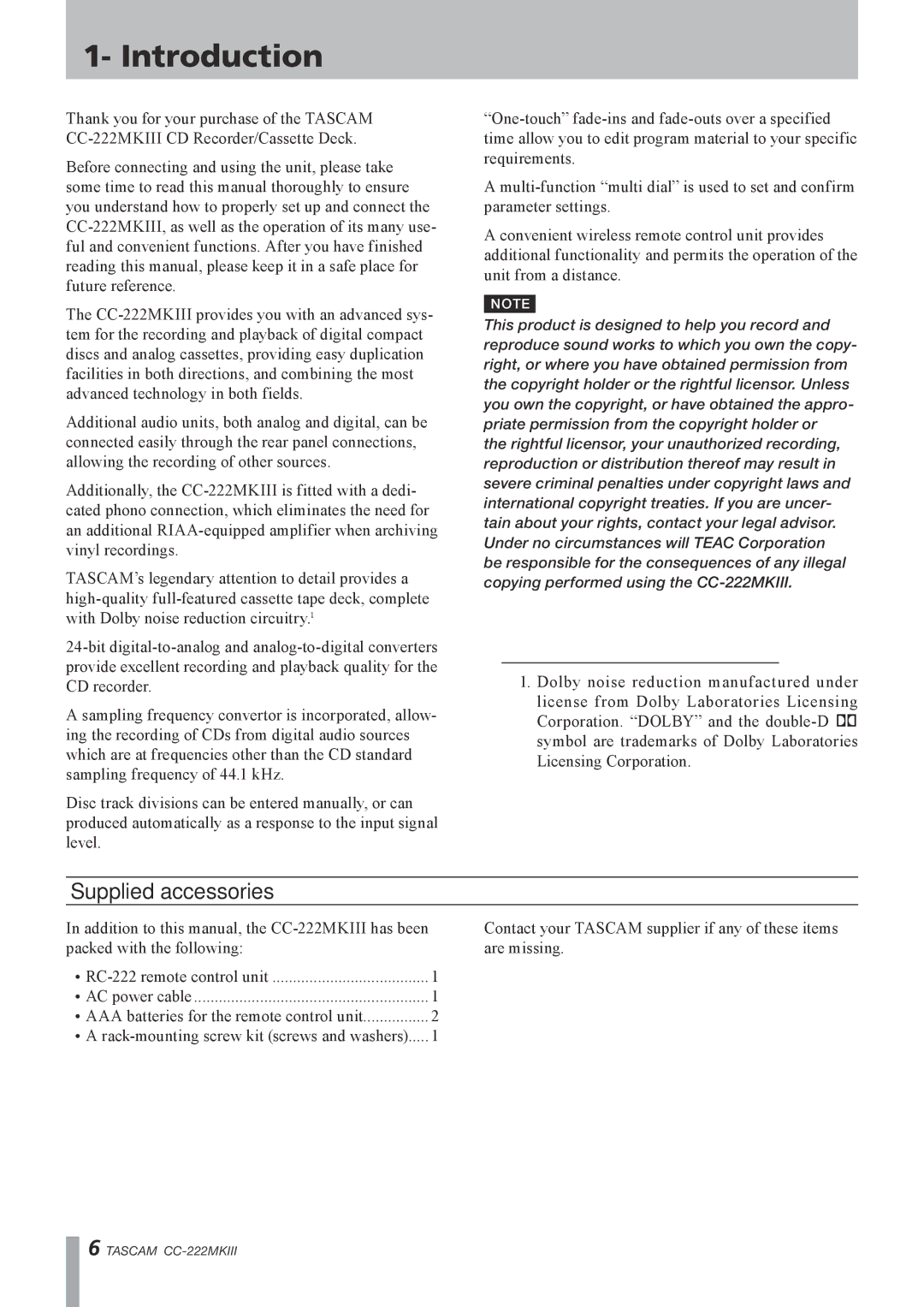 Tascam CC-222MK owner manual Introduction, Supplied accessories 