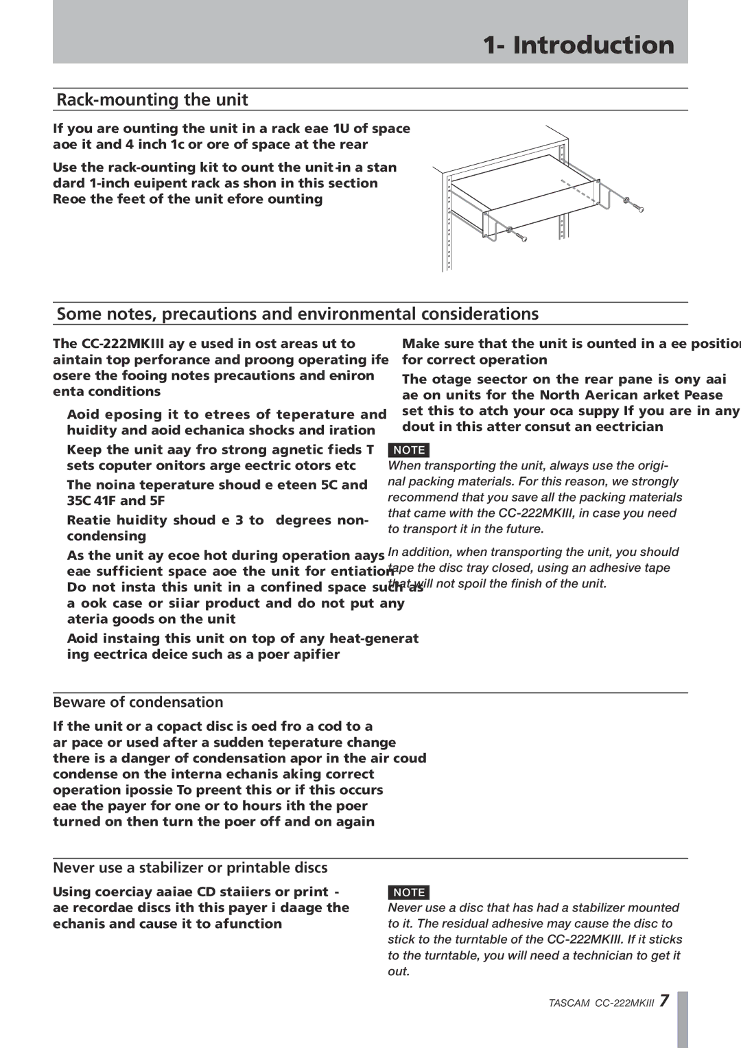 Tascam CC-222MK Rack-mounting the unit, Some notes, precautions and environmental considerations, Beware of condensation 