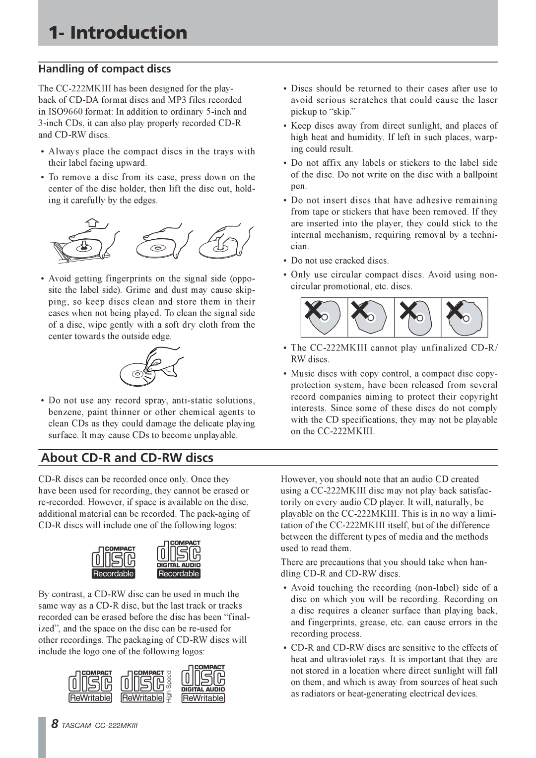 Tascam CC-222MK owner manual About CD-R and CD-RW discs, Handling of compact discs 