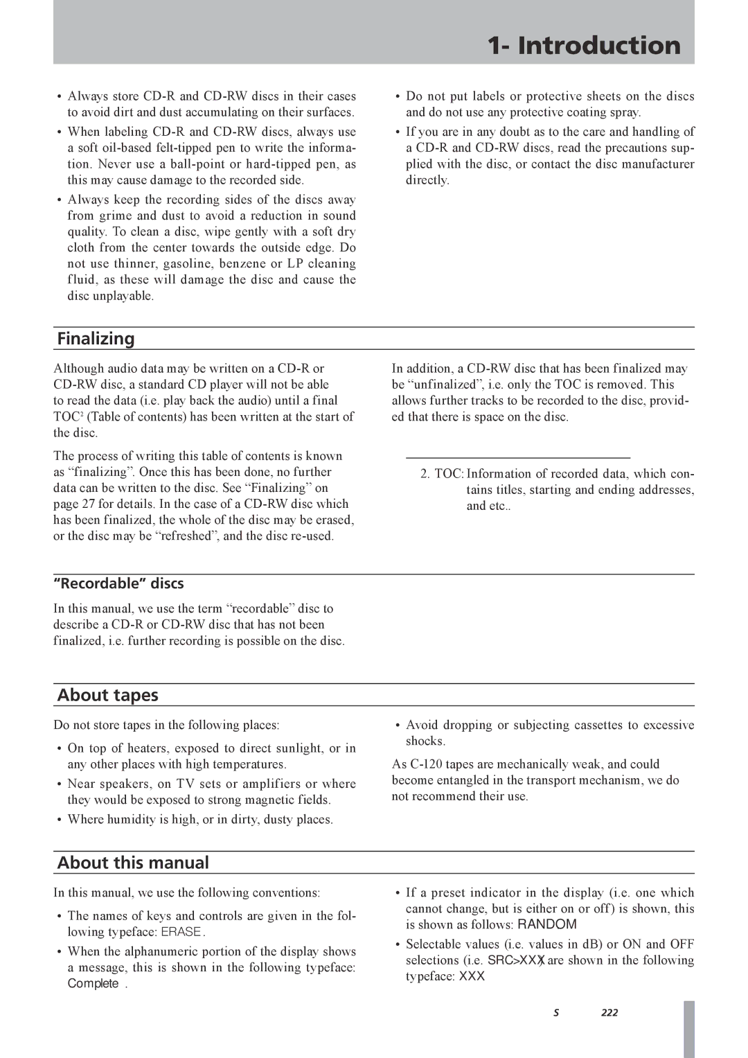 Tascam CC-222MK owner manual Finalizing, About tapes, About this manual, Recordable discs 