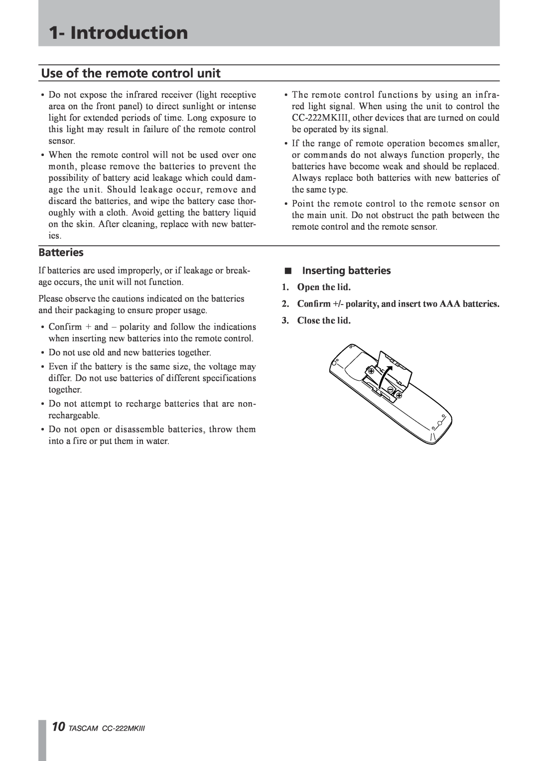 Tascam CC-222MK owner manual Use of the remote control unit, Introduction, Batteries, ªInserting batteries 