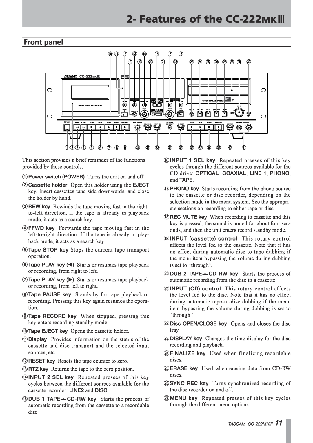 Tascam owner manual Features of the CC-222MK$, Front panel 