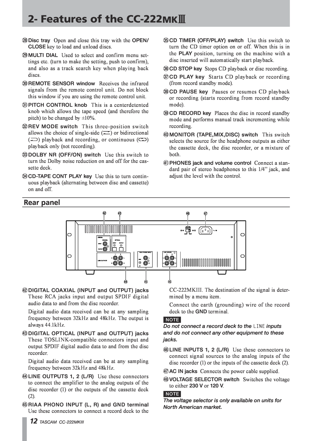 Tascam owner manual Rear panel, Features of the CC-222MK$ 