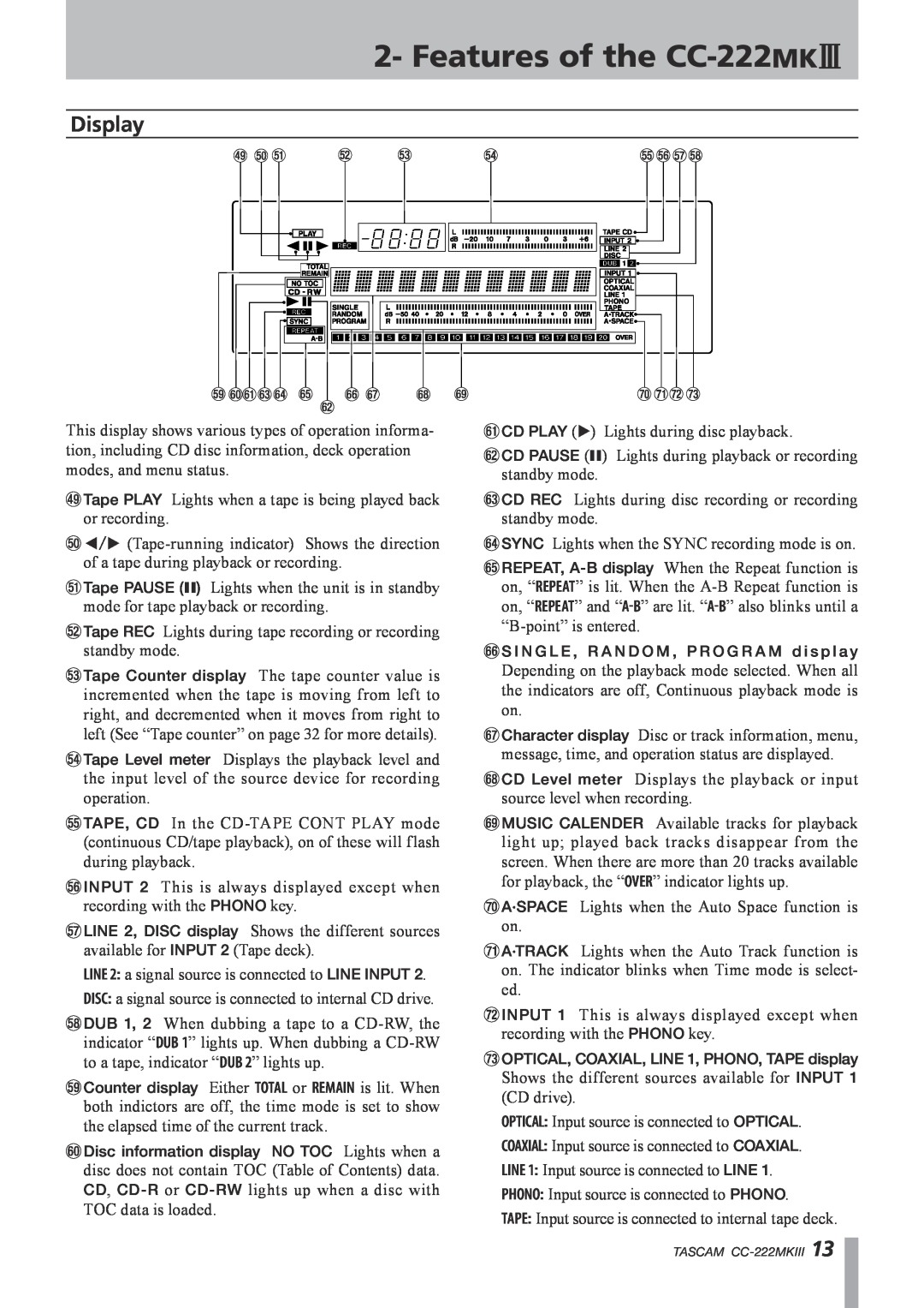 Tascam owner manual Display, Features of the CC-222MK$ 