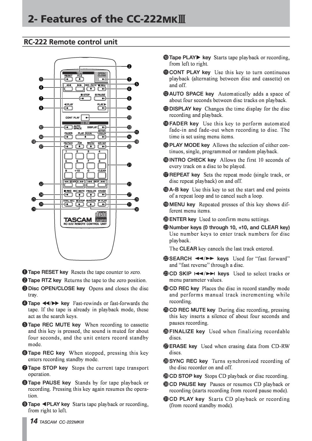 Tascam owner manual RC-222Remote control unit, Features of the CC-222MK$ 