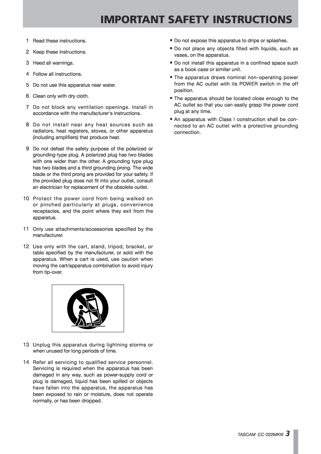Tascam CC-222MK owner manual Important Safety Instructions 