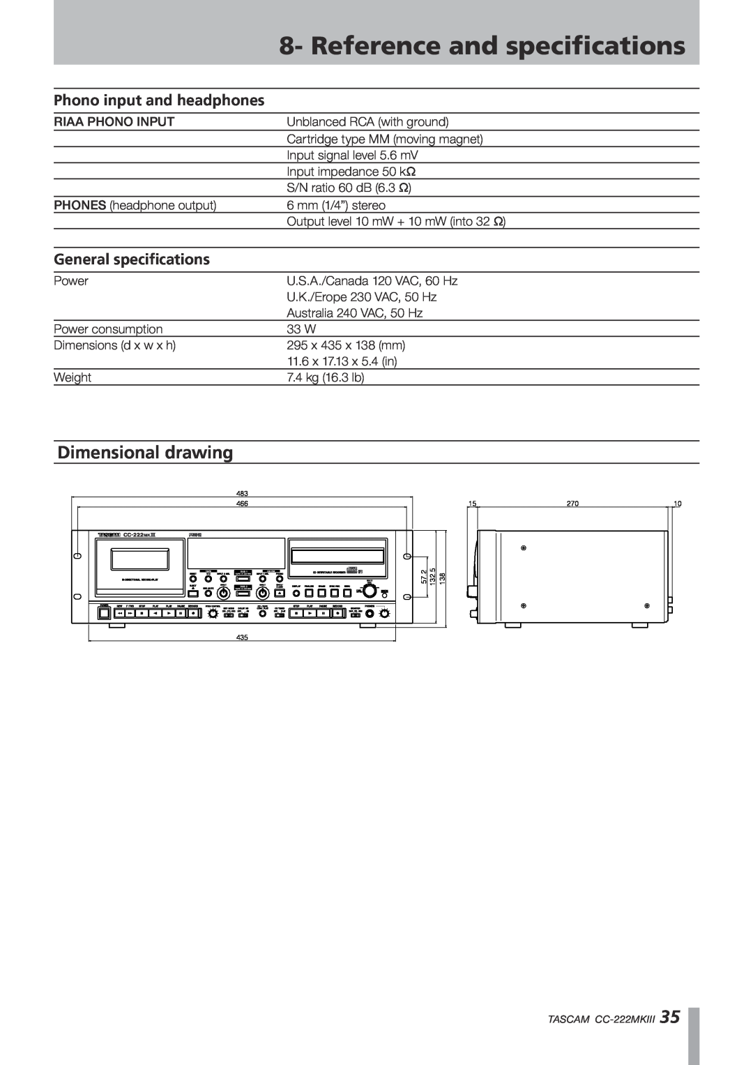 Tascam CC-222MK Dimensional drawing, Reference and specifications, Phono input and headphones, General specifications 
