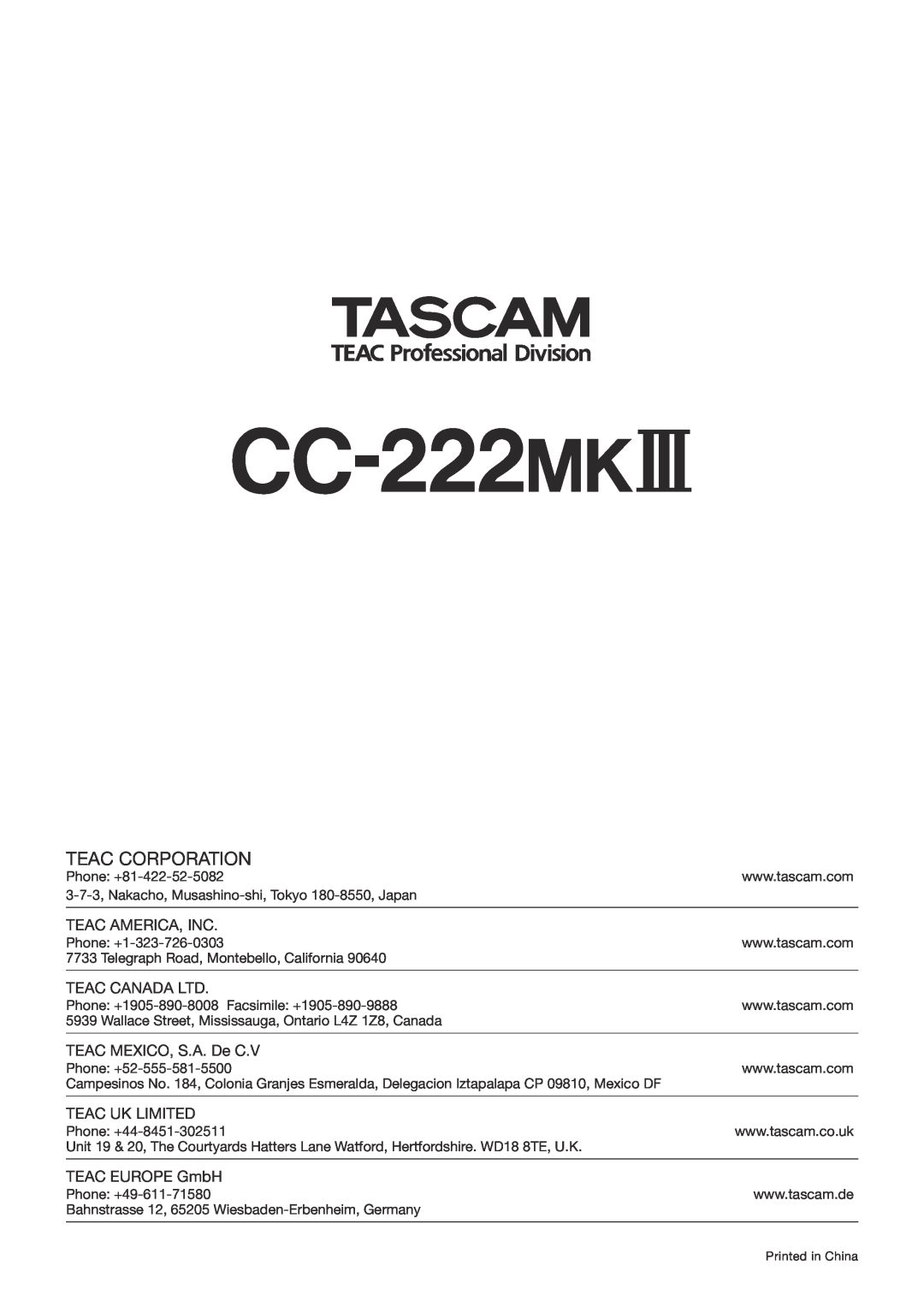 Tascam owner manual » CC-222MK$, Teac Corporation 