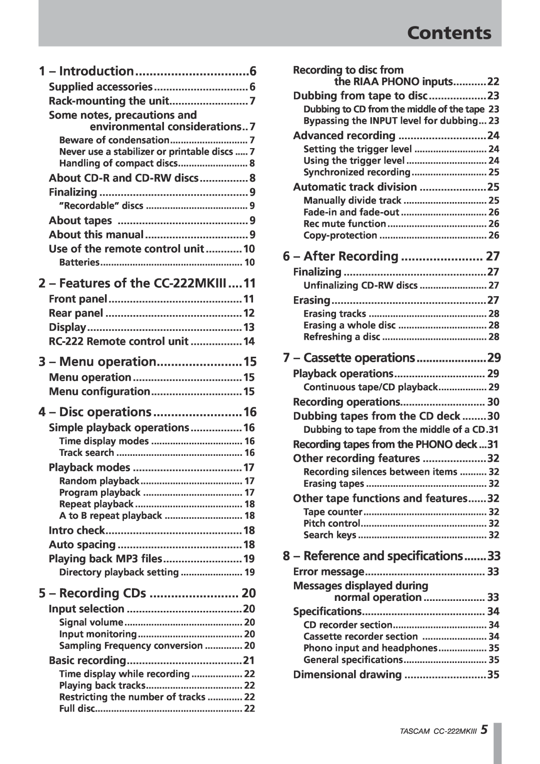 Tascam CC-222MK owner manual Contents, Menu operation 