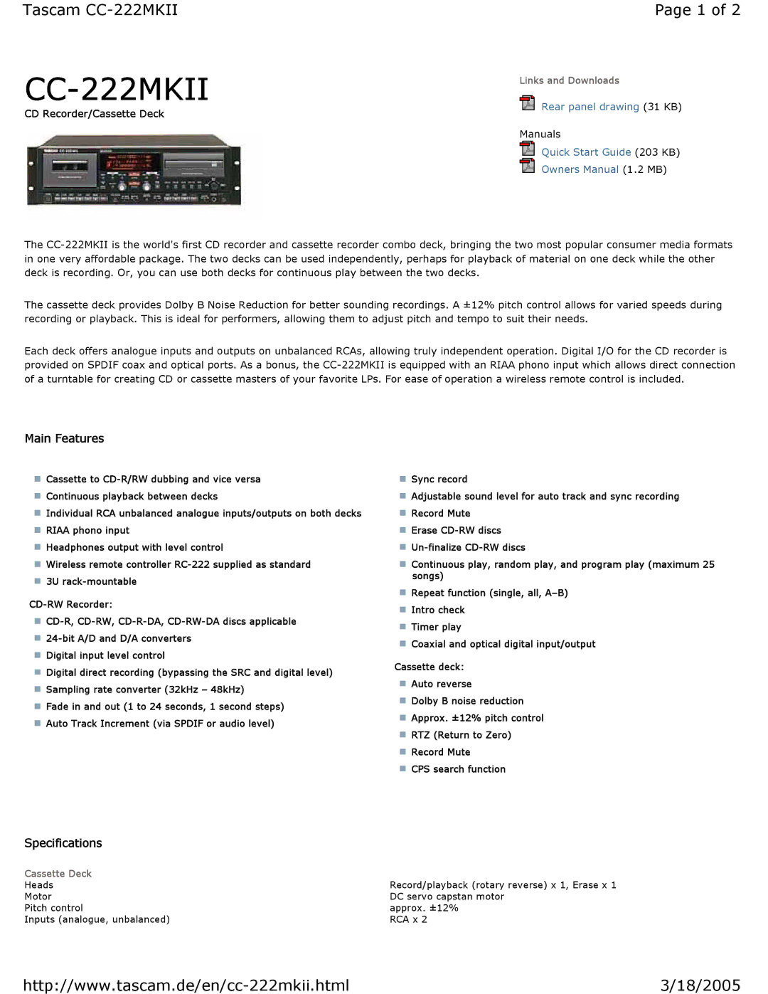 Tascam CC-222MKII specifications Main Features, Specifications, CD Recorder/Cassette Deck 