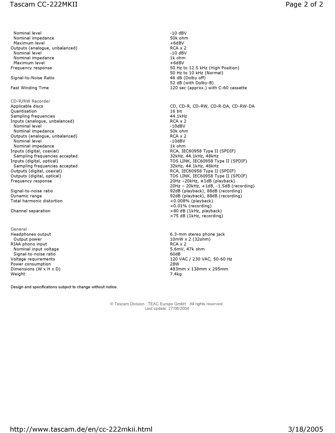 Tascam CC-222MKII specifications CD-R/RW Recorder, General 