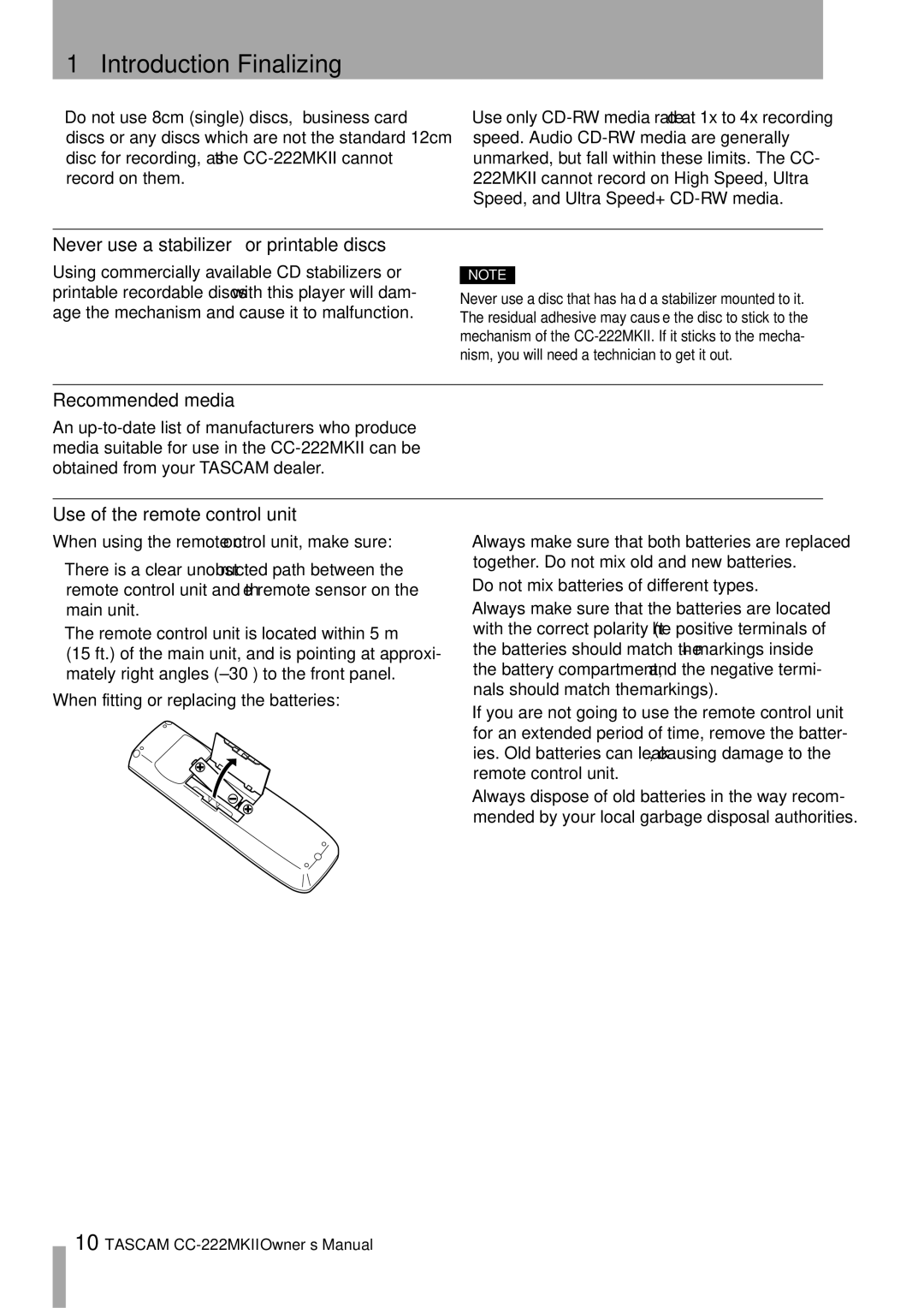 Tascam CC-222MKII owner manual Never use a stabilizer or printable discs, Recommended media, Use of the remote control unit 