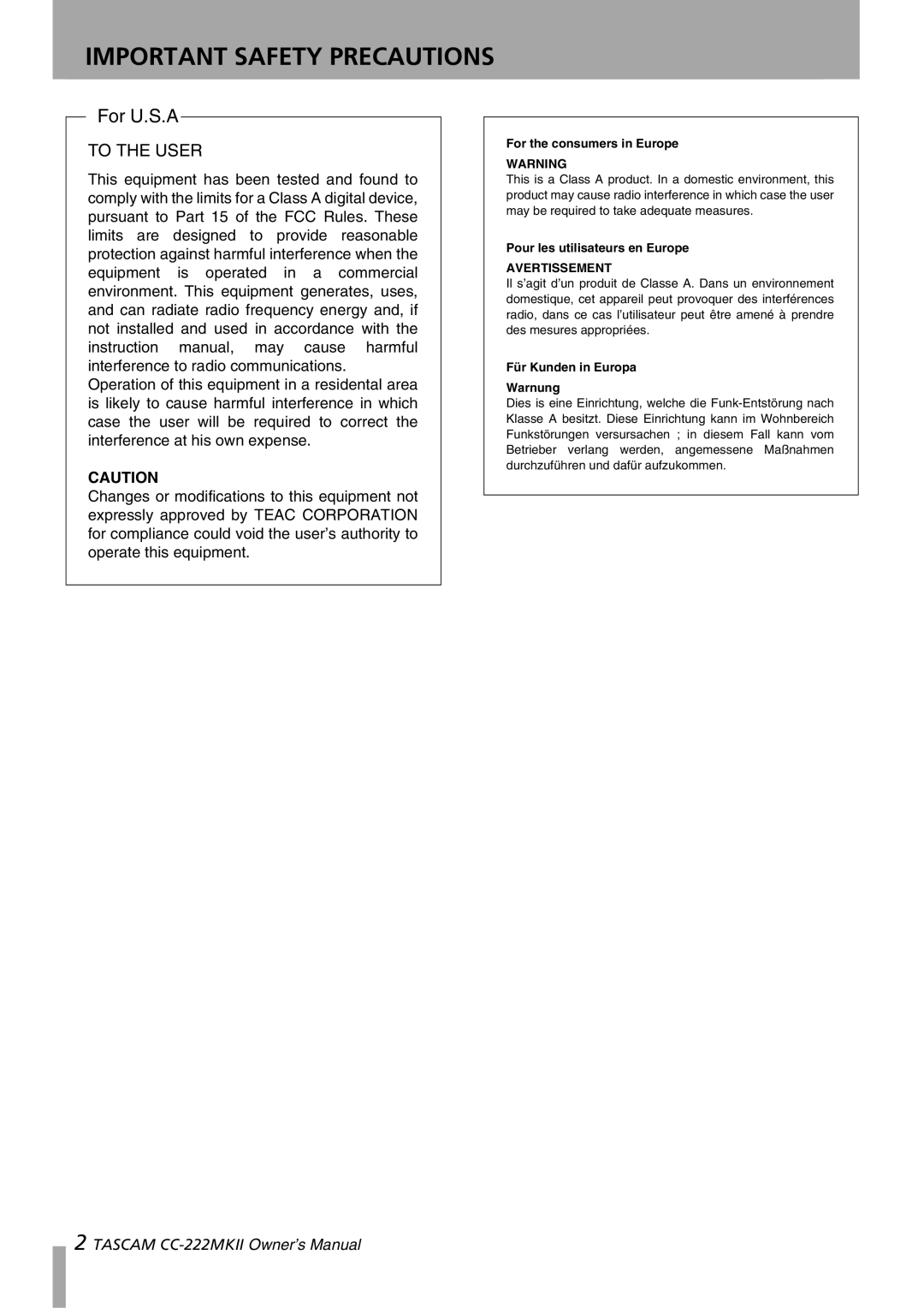 Tascam CC-222MKII owner manual Important Safety Precautions 