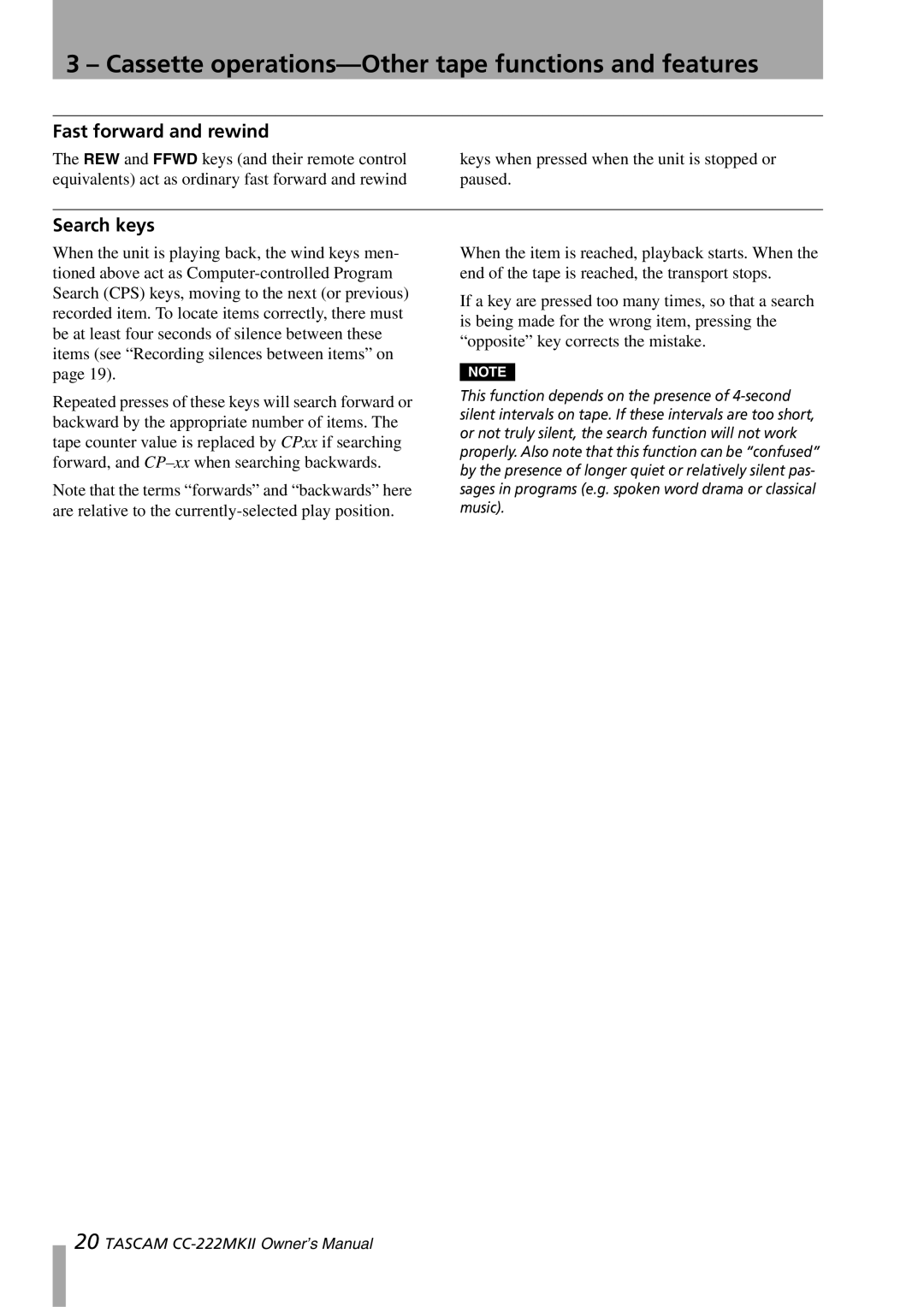 Tascam CC-222MKII owner manual Cassette operations-Other tape functions and features, Fast forward and rewind, Search keys 