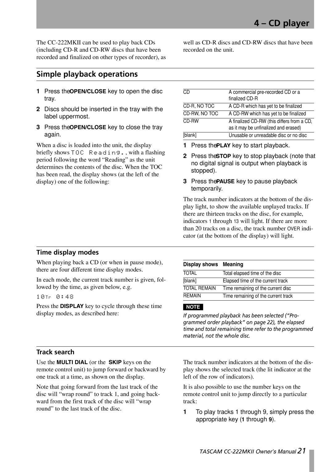 Tascam CC-222MKII owner manual CD player, Simple playback operations, Time display modes, Track search 