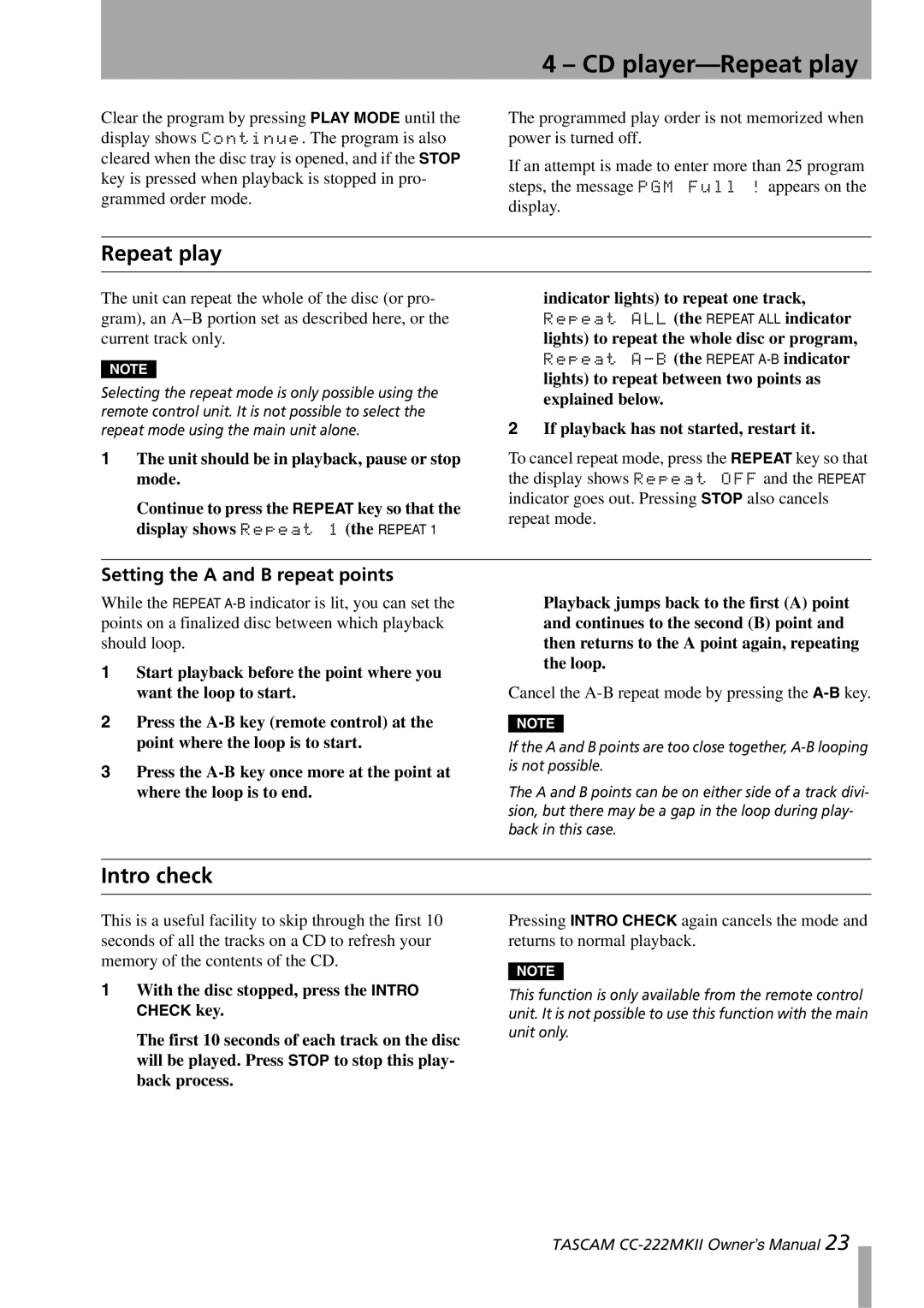 Tascam CC-222MKII owner manual CD player-Repeat play, Intro check, Setting the a and B repeat points 