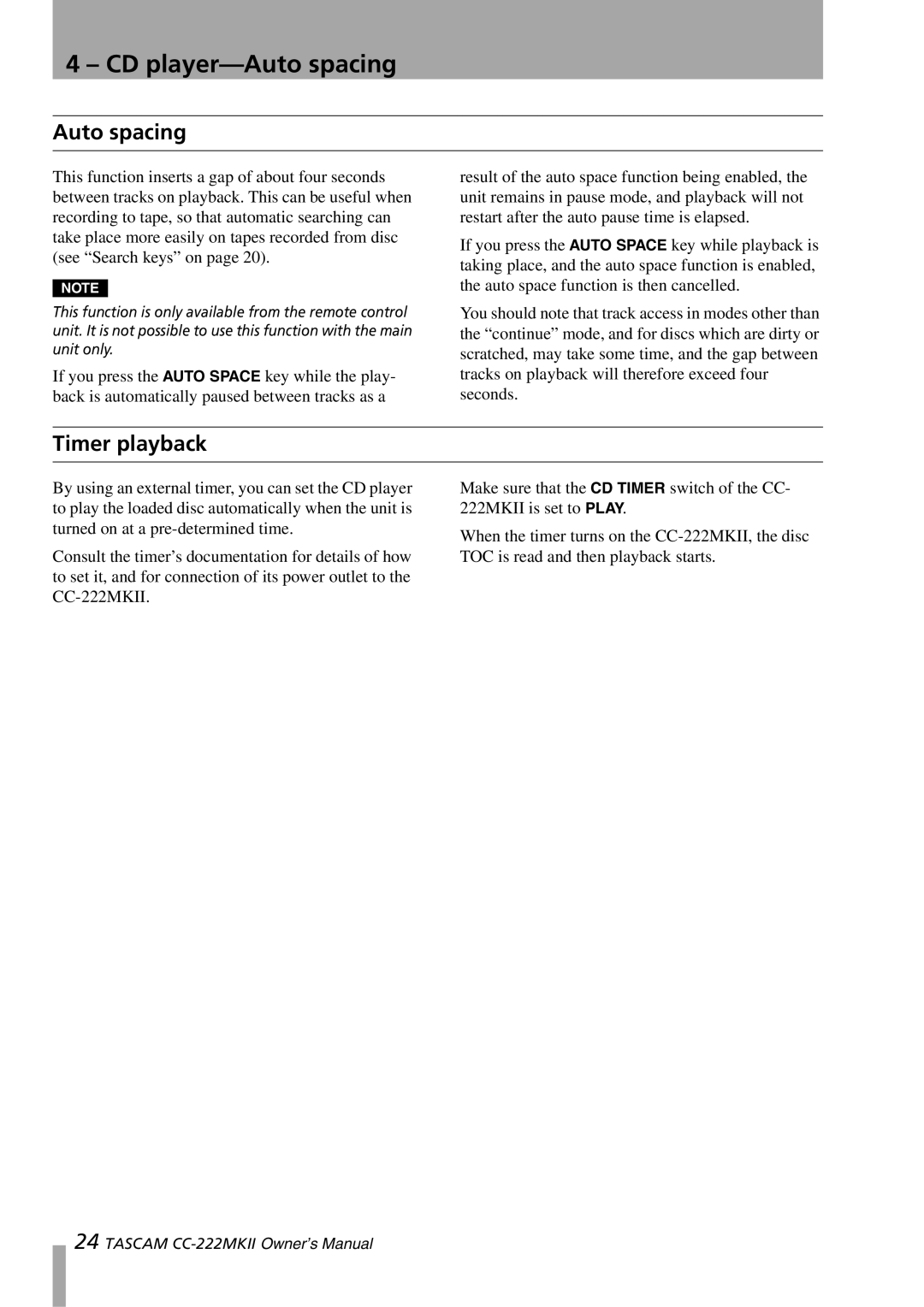 Tascam CC-222MKII owner manual CD player-Auto spacing, Timer playback 