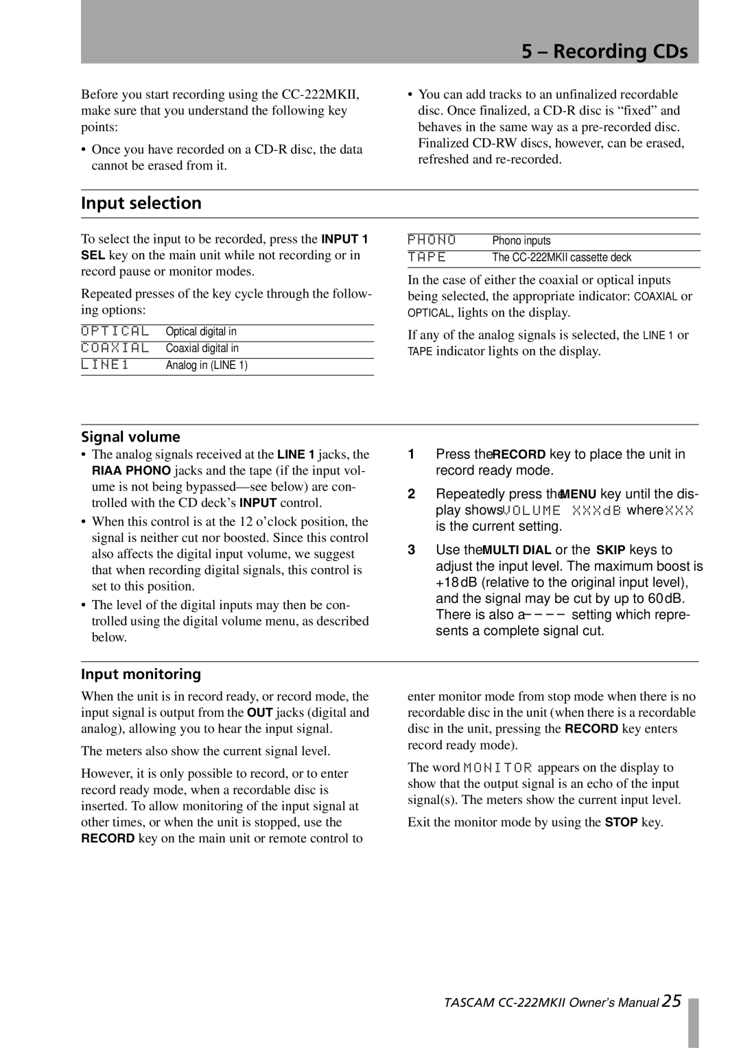 Tascam CC-222MKII owner manual Recording CDs, Input selection, Signal volume, Input monitoring 