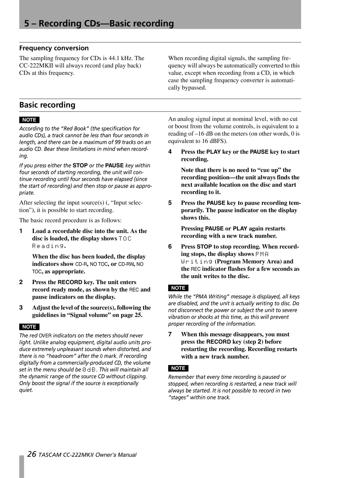 Tascam CC-222MKII owner manual Recording CDs-Basic recording, Frequency conversion 