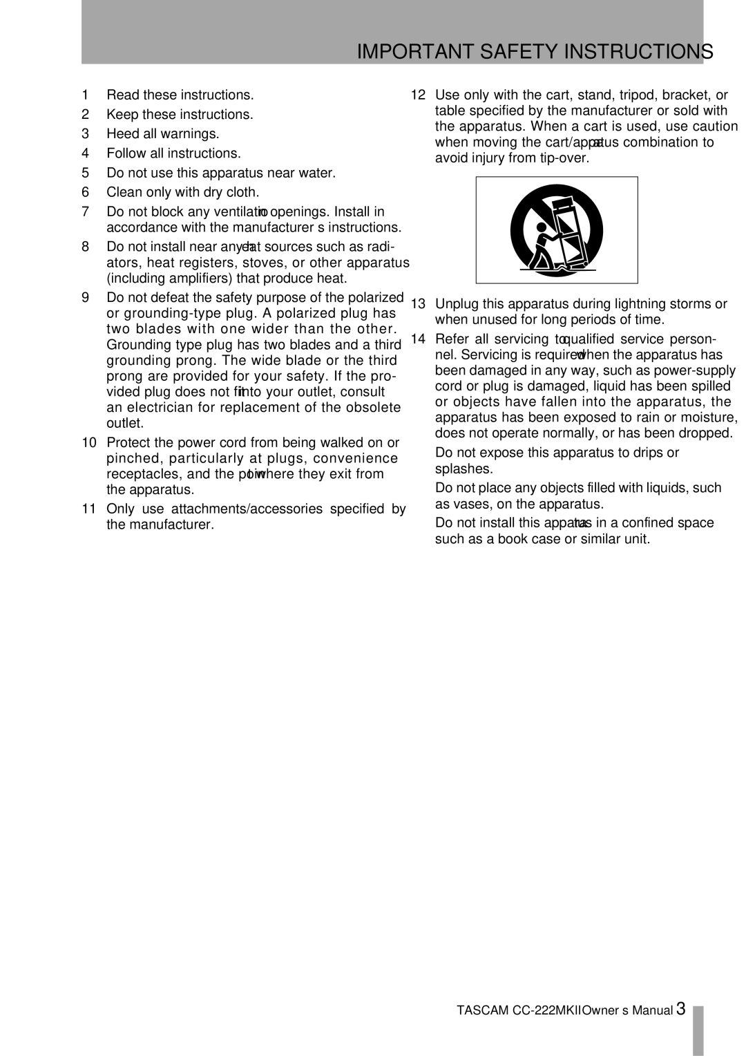 Tascam CC-222MKII owner manual Important Safety Instructions 