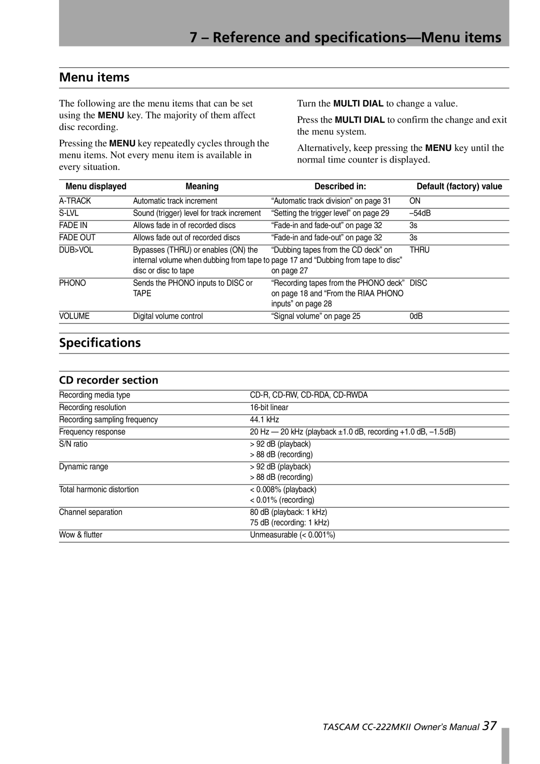 Tascam CC-222MKII owner manual Reference and specifications-Menu items, Specifications, CD recorder section 