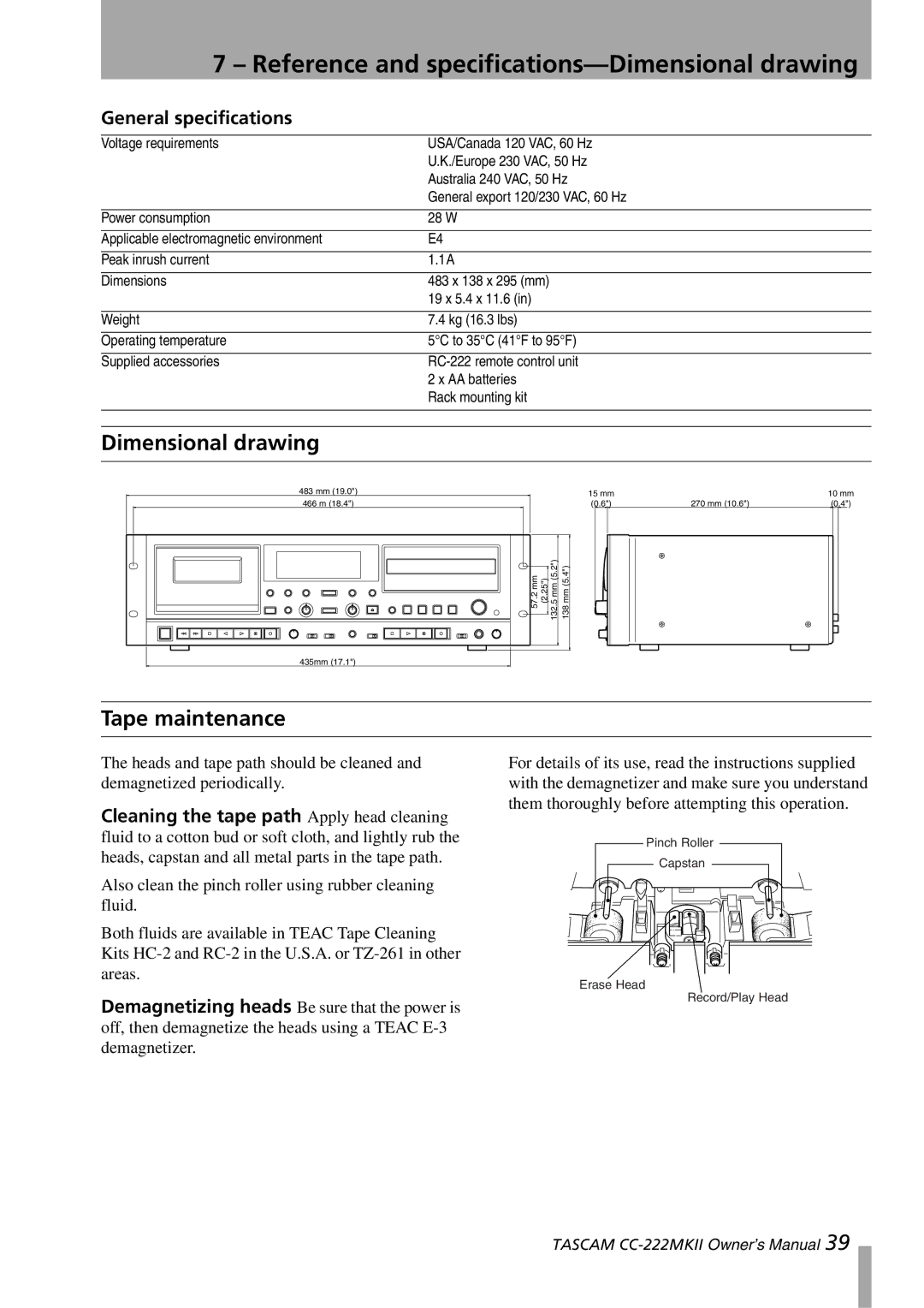 Tascam CC-222MKII owner manual Reference and specifications-Dimensional drawing, Tape maintenance, General specifications 