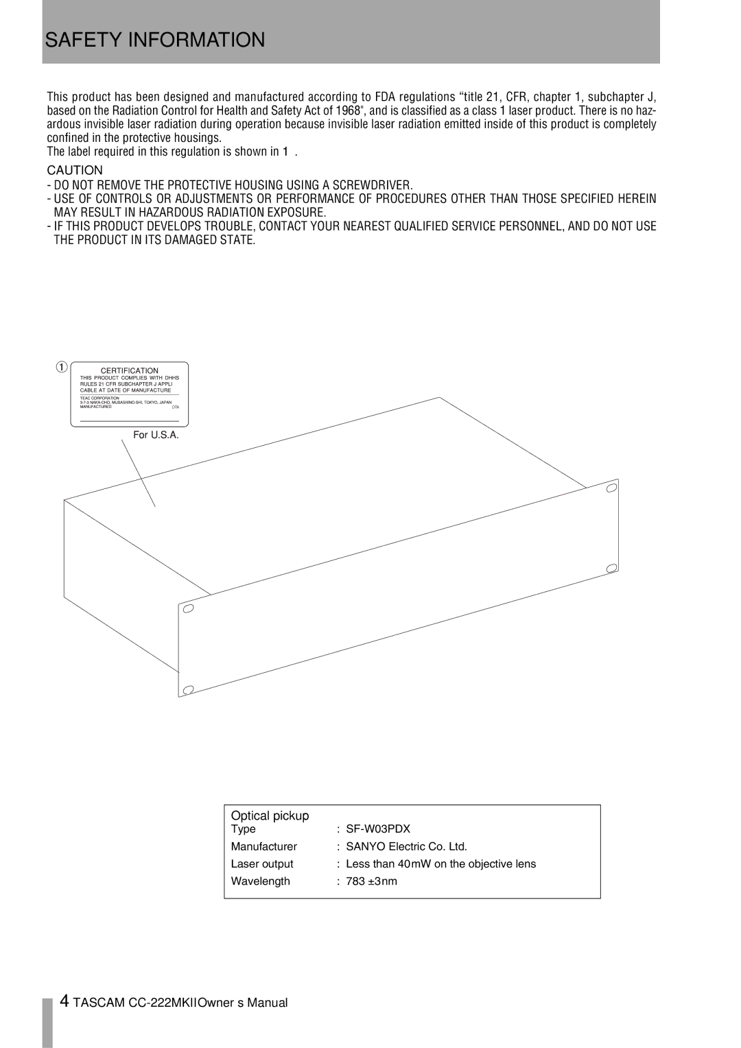 Tascam CC-222MKII owner manual Safety Information 