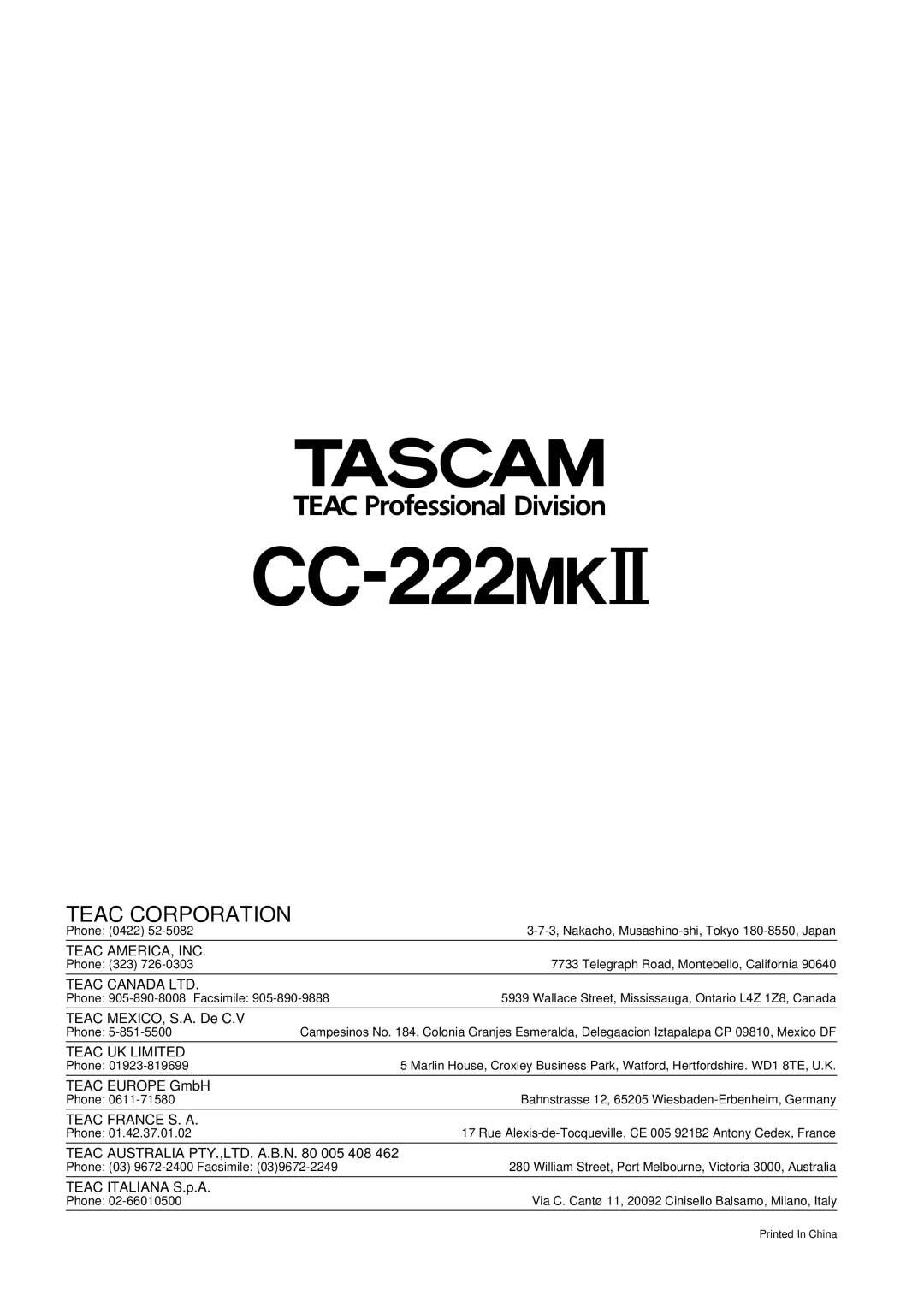 Tascam CC-222MKII owner manual CC-222@# 