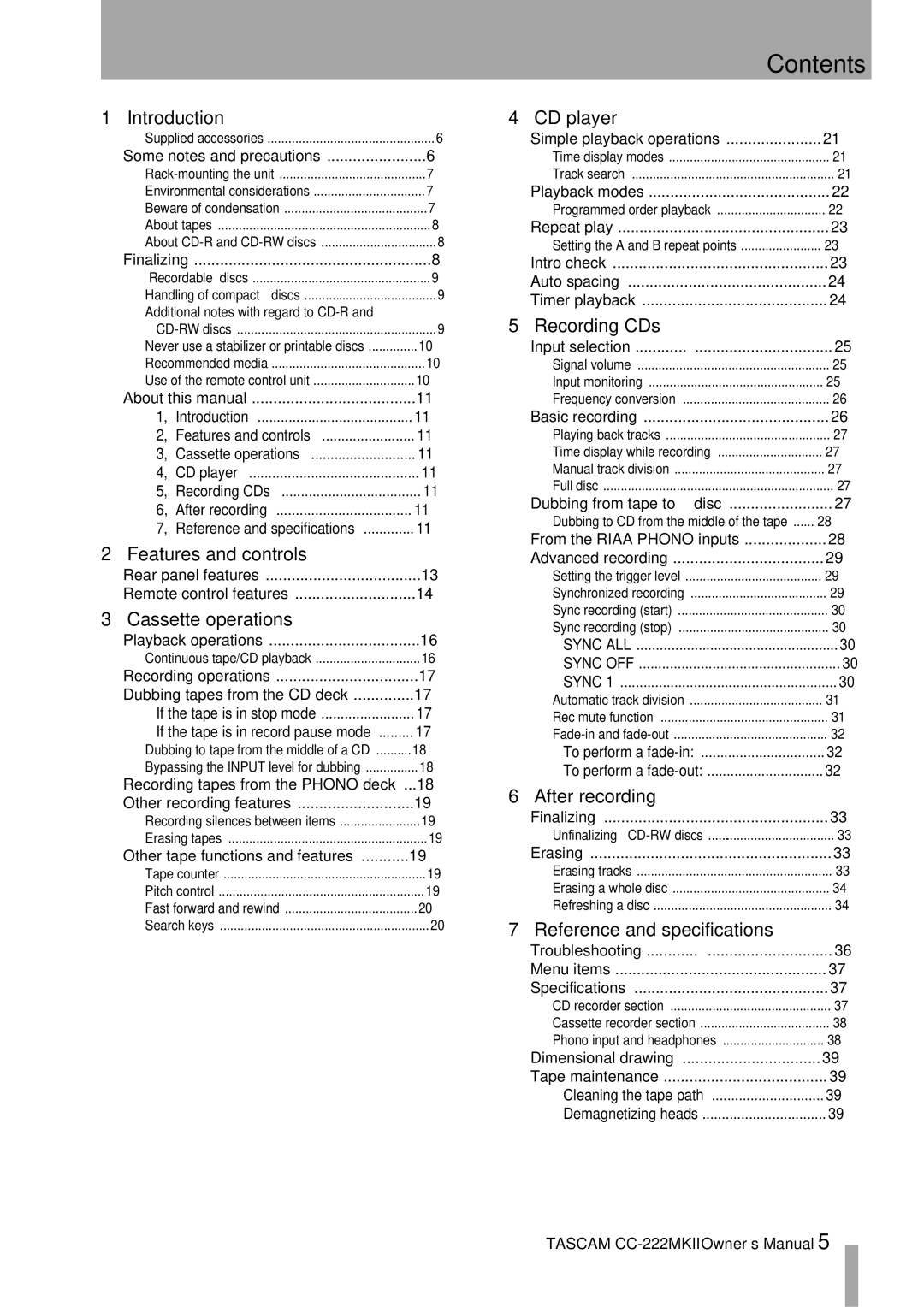 Tascam CC-222MKII owner manual Contents 