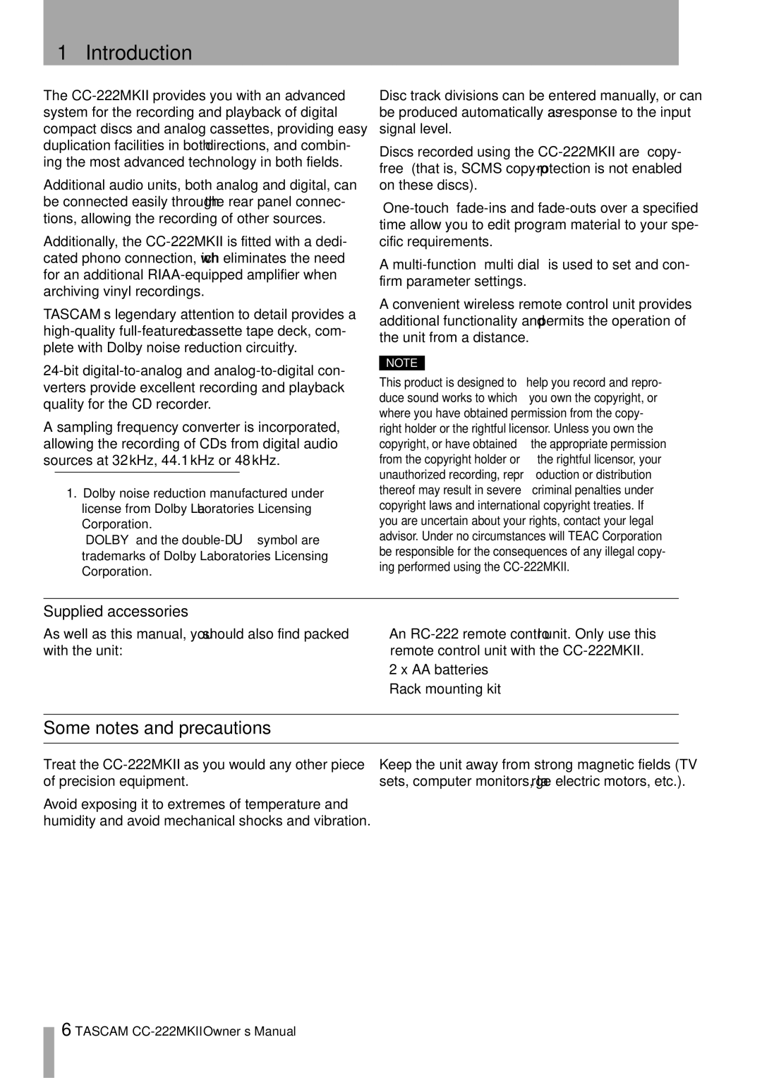 Tascam CC-222MKII owner manual Introduction, Some notes and precautions, Supplied accessories 